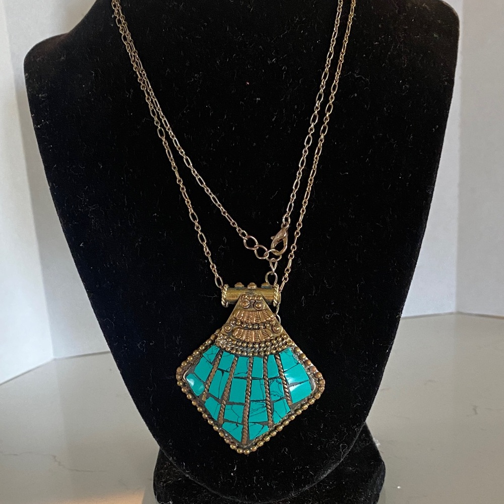 Turquoise Mosaic Pendant Necklace - Women Jewelry Brass